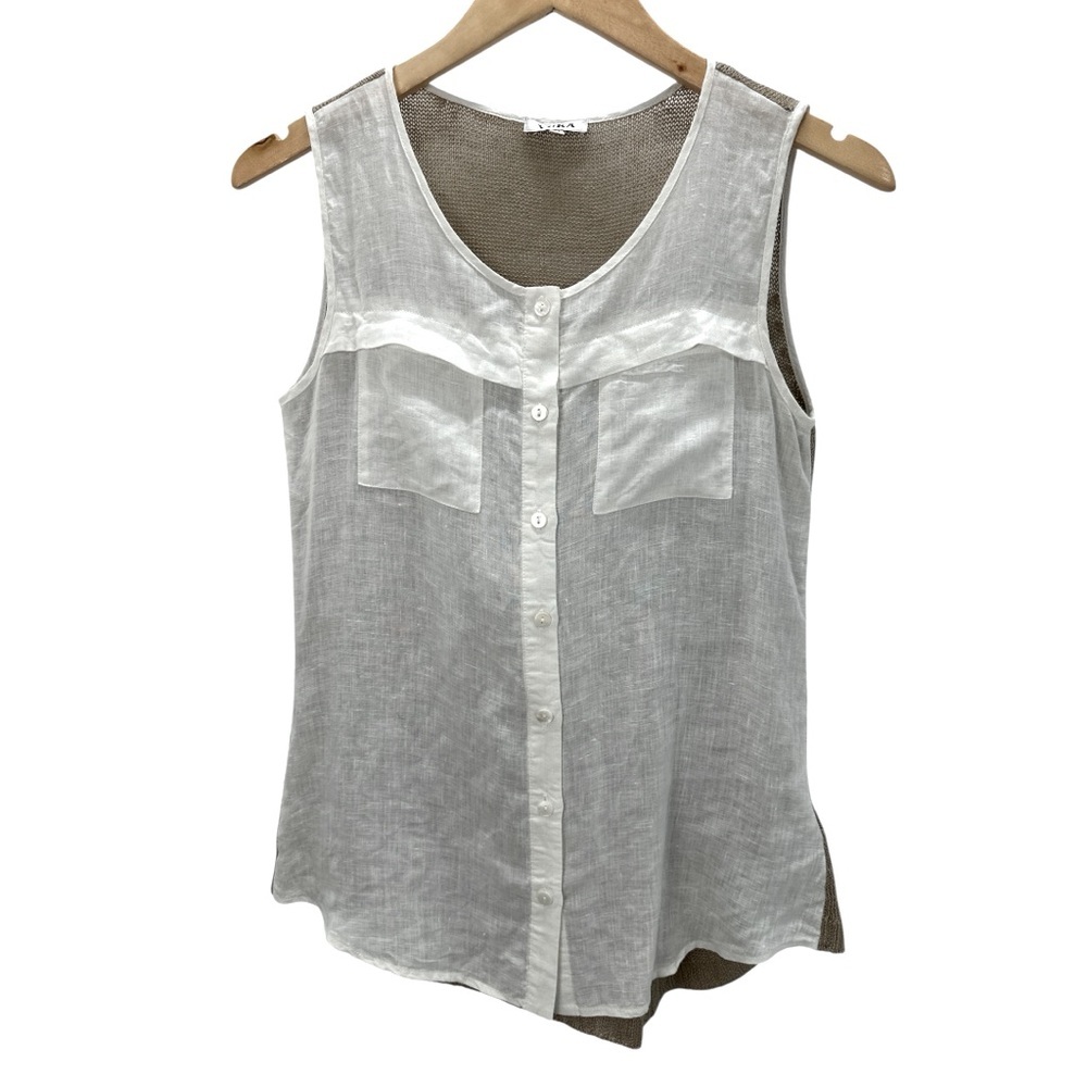 Yuka Paris Linen Sleeveless Blouse White Button Front Relaxed Fit Minimalist
